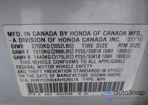 2010 Acura Mdx Technology Package from USA, damaged, VIN 2HNYD2H6XAH528518